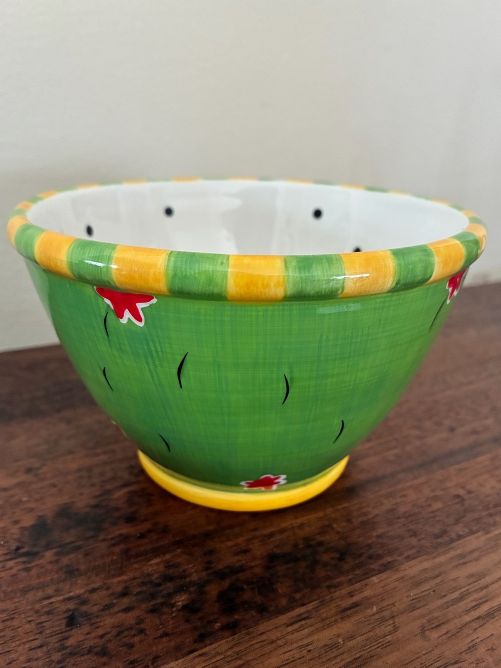 Department 56 Green Ceramic Bowl with Yellow Rim and Red Flowers
